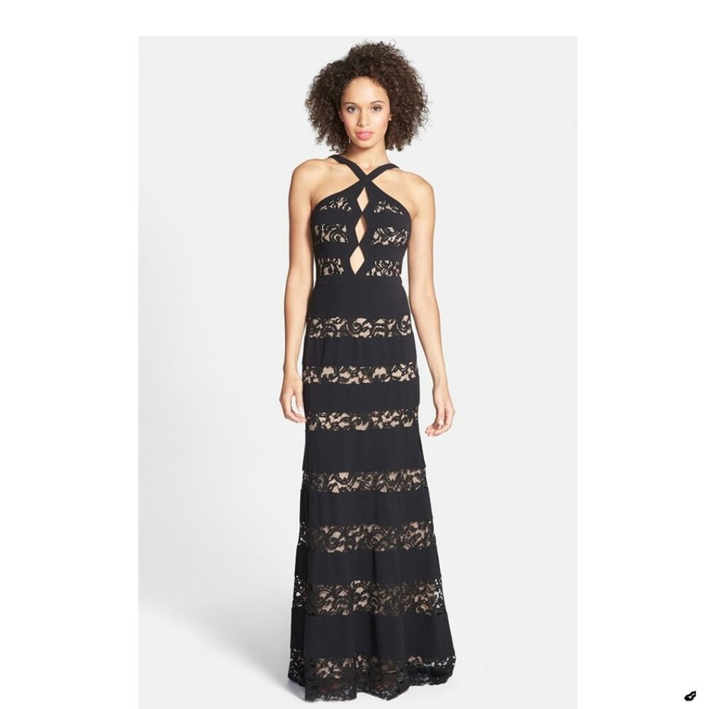 BCBGMAXAZRIA  'Katerina' Cutout Lace Stripe Trumpet Gown- Size 0